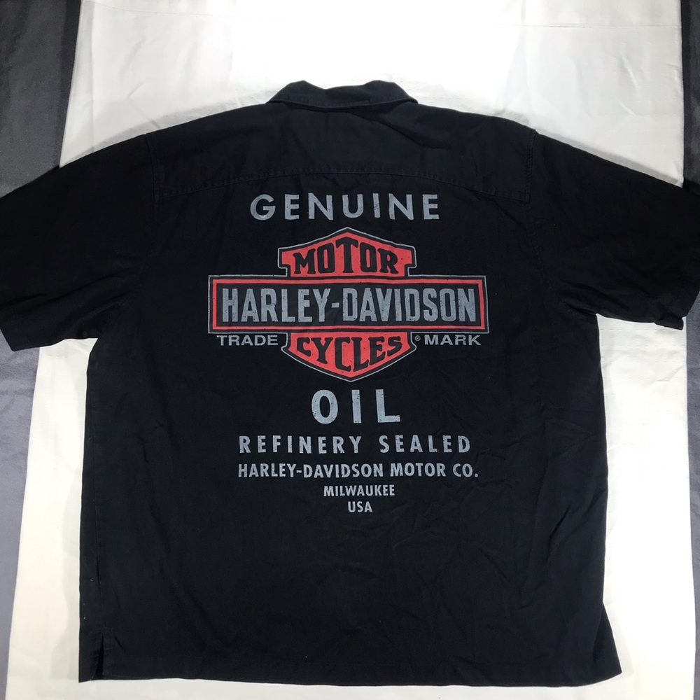 Vintage Harley Davidson Oil Refinery Milwaukee Button Up Shirt Black XXL 2XL